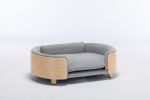 Scandinavian style Elevated Dog Bed Pet Sofa With Solid Wood legs and Bent Wood Back, Velvet Cushion,Mid Size Light Grey